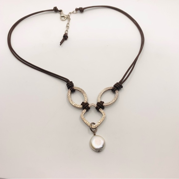Silpada Textured Sterling Silver Coin Pearl Brown Leather Necklace N1257 - Picture 3 of 6